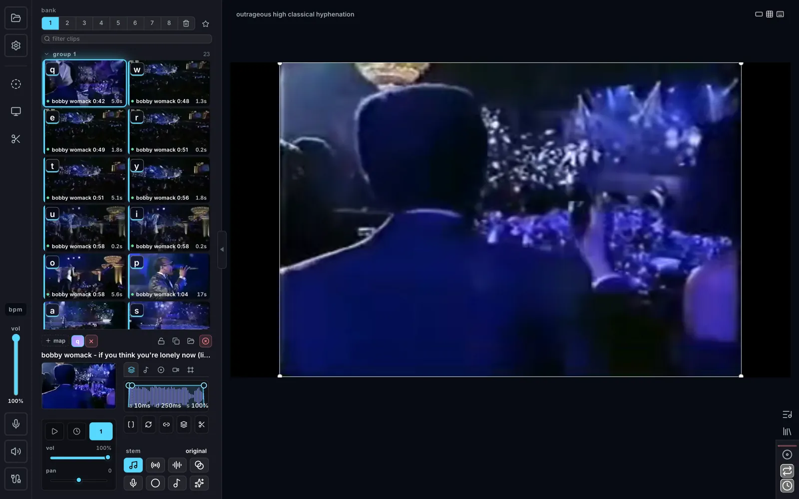 The full app: acquisition rail on the left, material column, pad grid, and the canvas stage with a held clip on it.