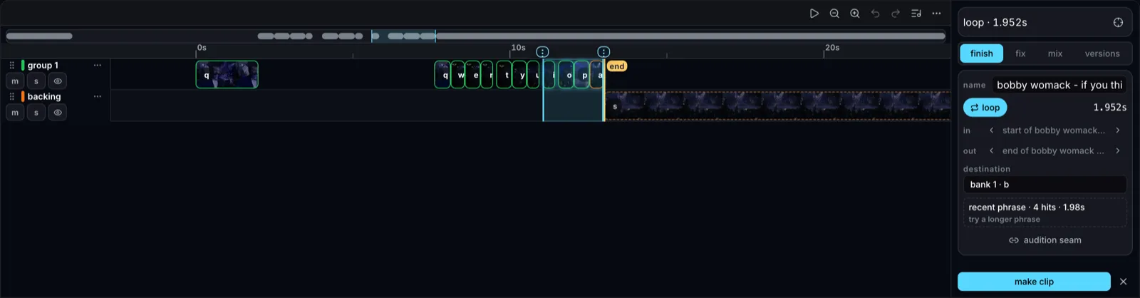The capture editor: triggered pads as blocks on a timeline, input audio as a waveform, camera as its own lane.