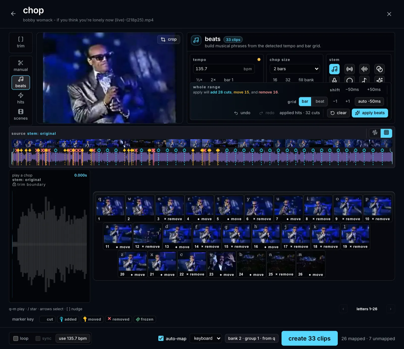 The Beats tool with an even bar grid across the waveform and the tempo controls in the inspector.