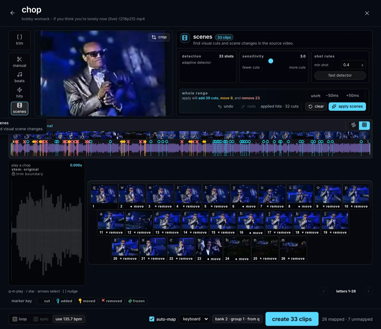 The Scenes tool, with cuts placed on the camera changes rather than the audio.