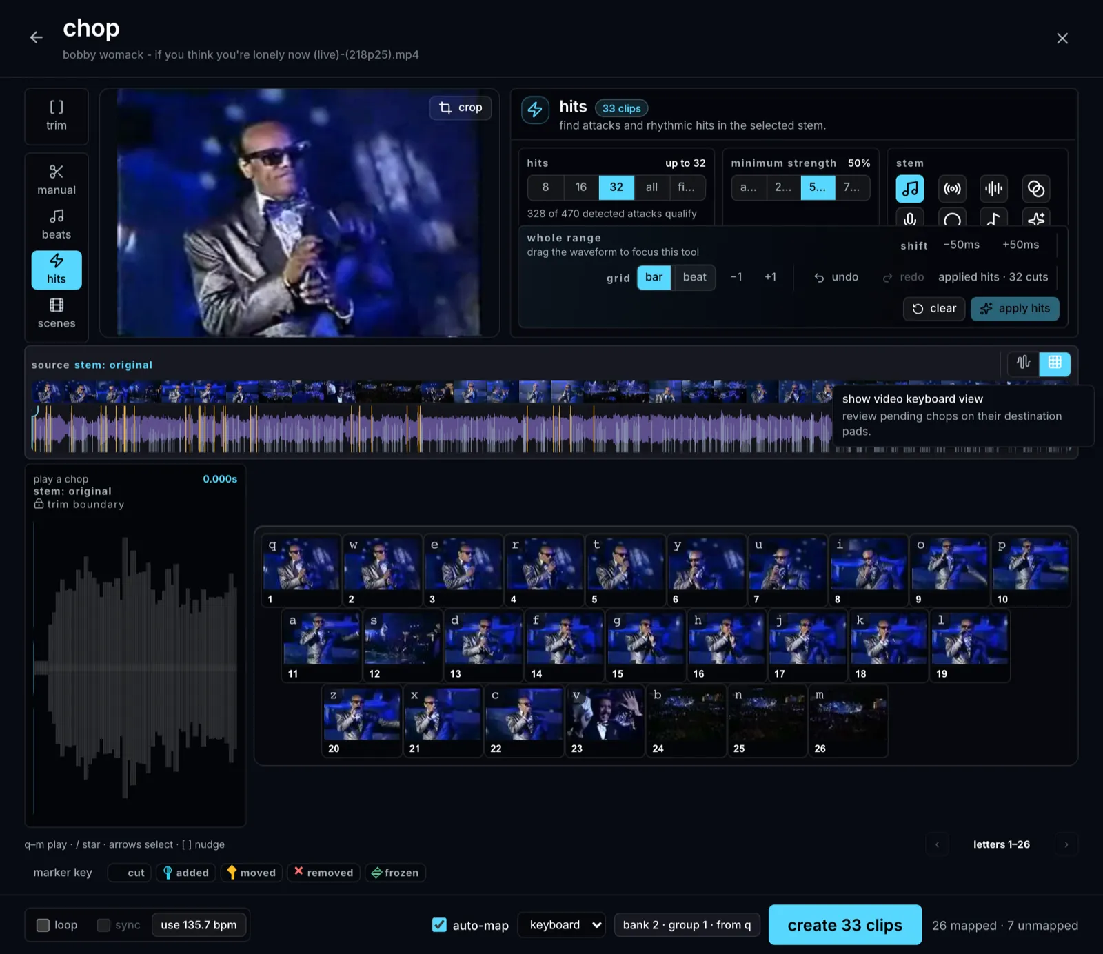 The Video Keyboard view, showing pending chops laid onto their destination letter keys.