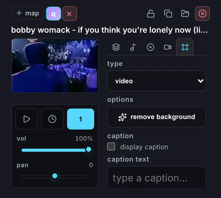 The selected clip’s Canvas tab, holding the visual source, caption, and background-removal controls.