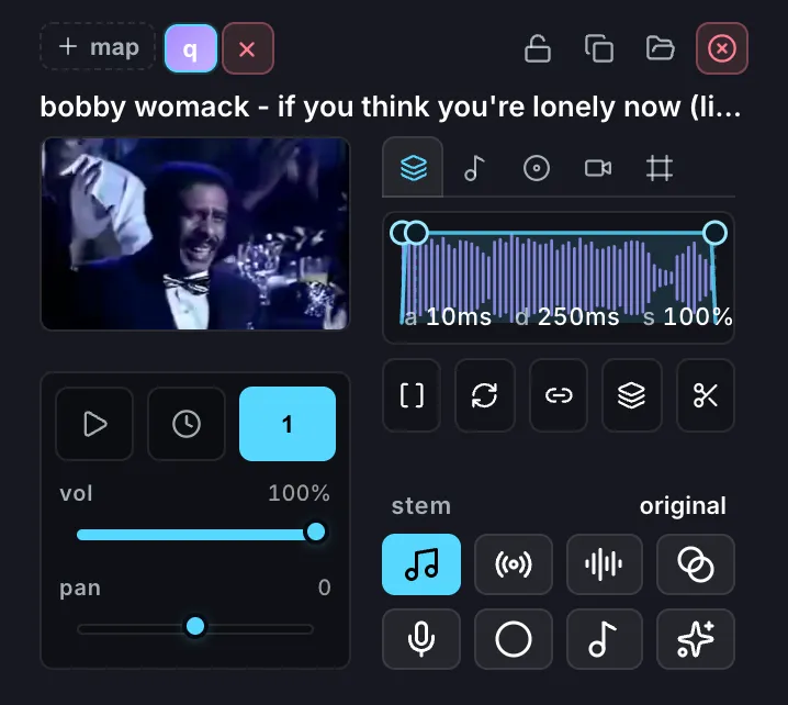 The selected clip’s inspector with its detail tabs and per-pad performance controls.