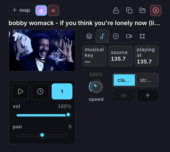 The selected clip’s Key & tempo tab, with detected BPM and the tempo-sync controls.