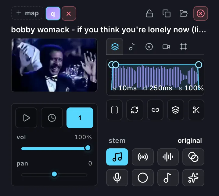 The selected clip’s Stems tab, listing the separated stems and derived mixes.