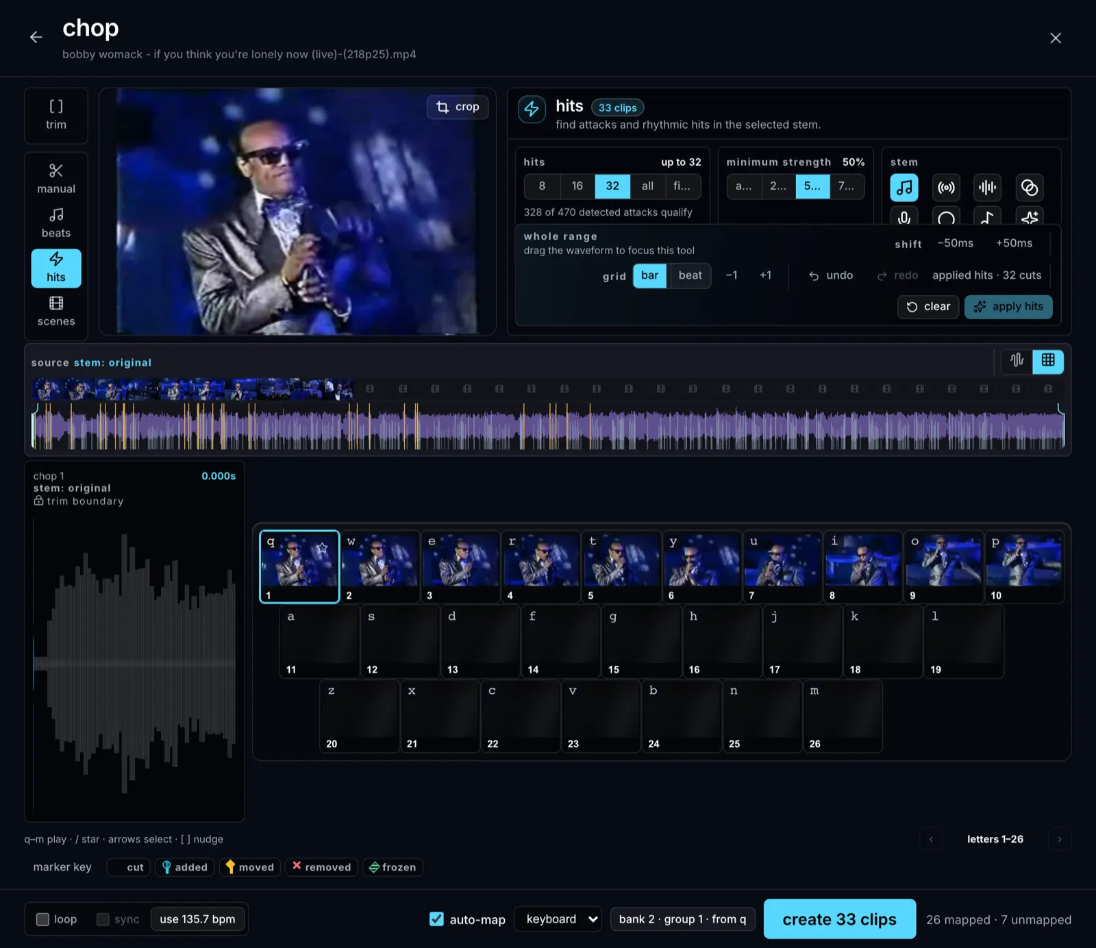 The chop editor open on a source, waveform wrapped over three rows with Hits markers already placed and a filmstrip above.
