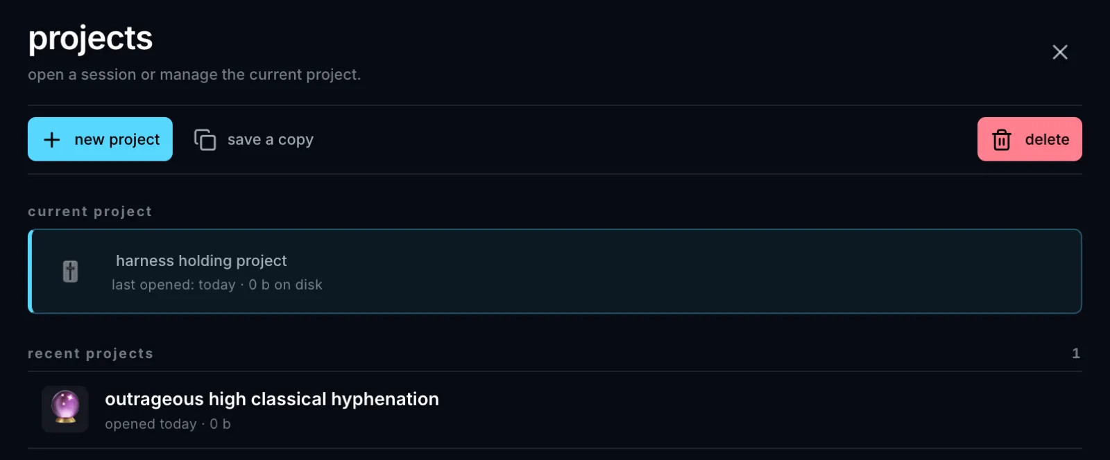 The Projects window listing existing projects, with the button to create a new one.