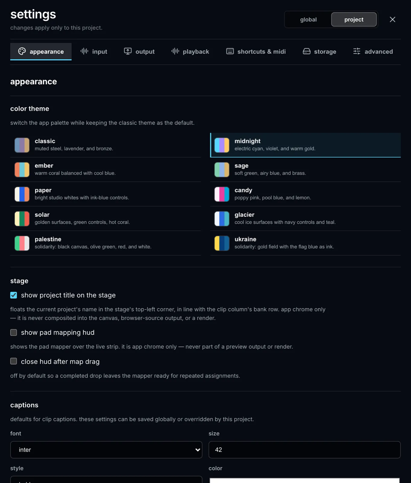 Settings → Appearance, with the theme picker, interface font, and caption styling.