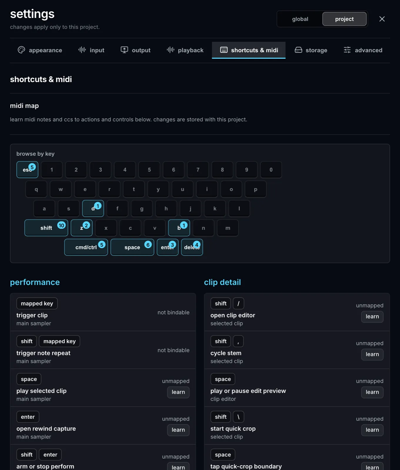 Settings → Shortcuts & MIDI, listing every remappable key and its MIDI binding.