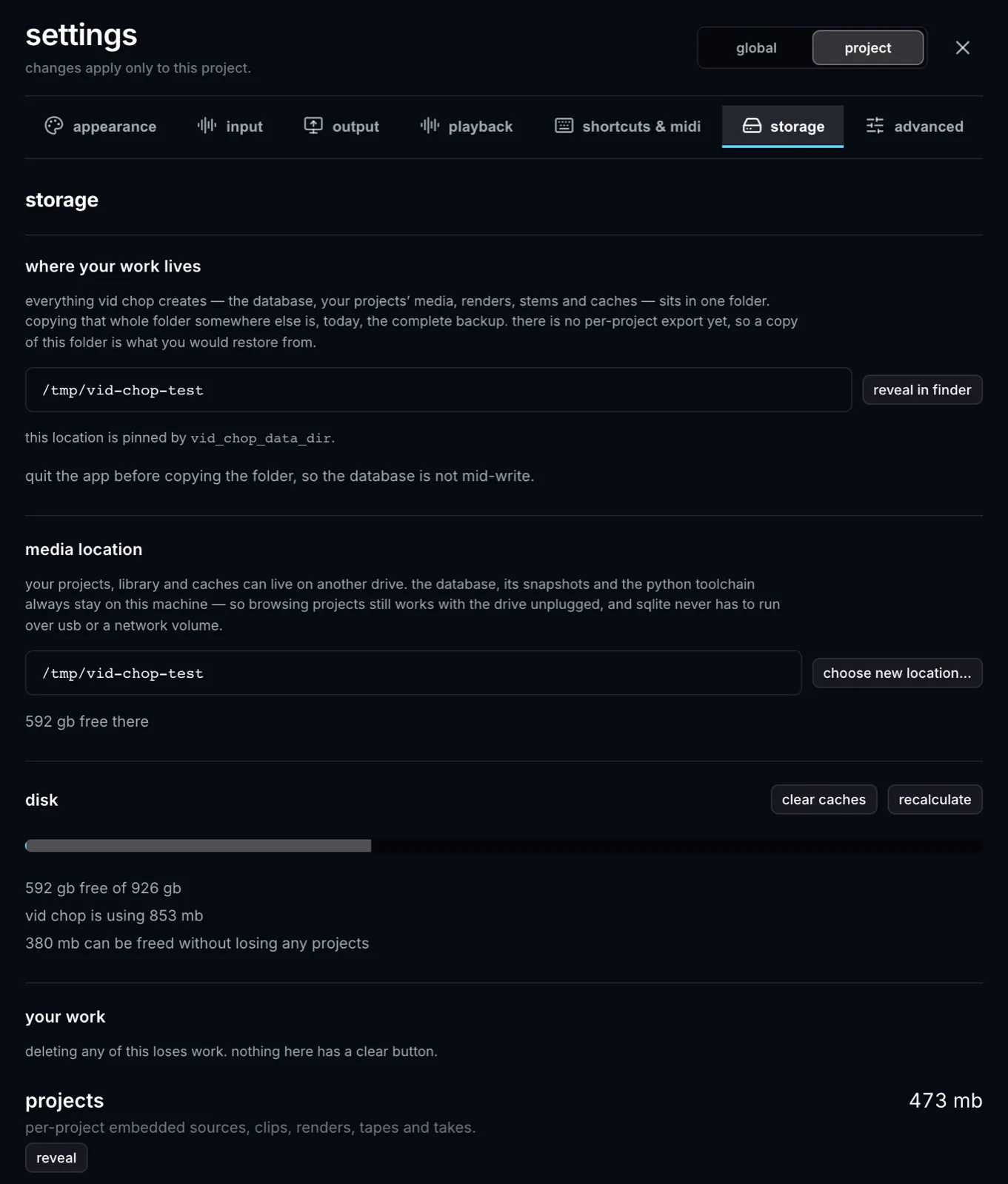 Settings → Storage, showing where media lives and what each project costs on disk.